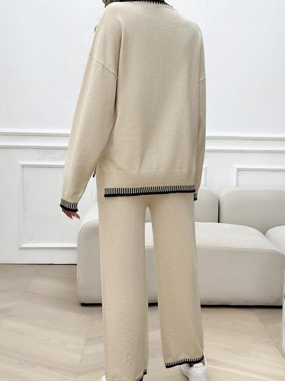 Color Block Round Neck Drop Shoulder Loose Pant Set NEW - Cream - Picture 3 of 3